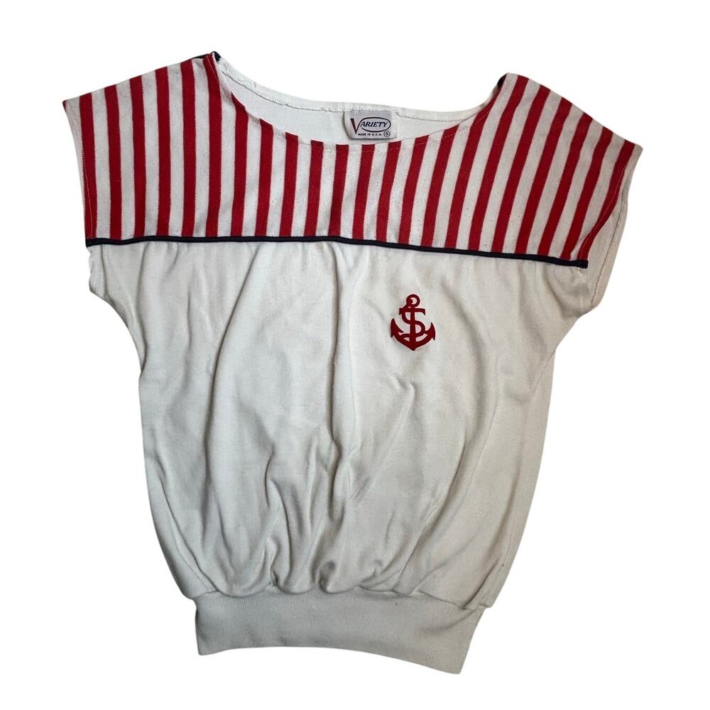 Vintage Variety Nautical Shirt Womens Small Red White Anchor Emblem